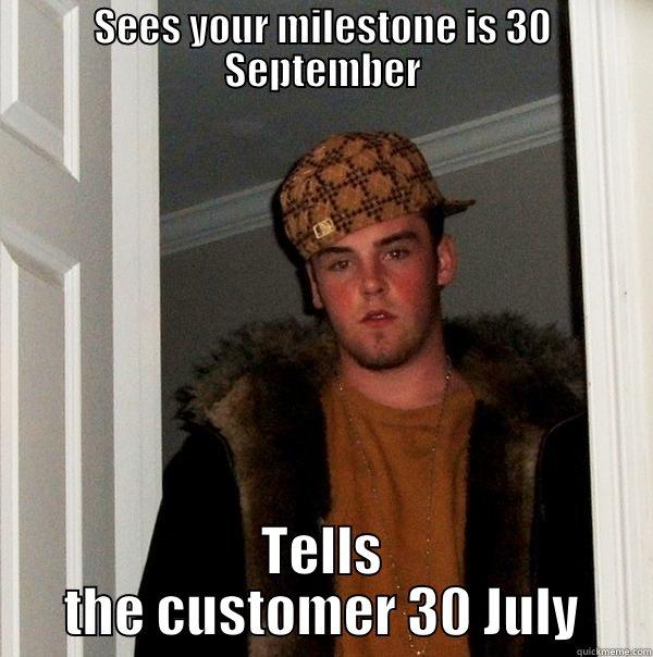 SEES YOUR MILESTONE IS 30 SEPTEMBER TELLS THE CUSTOMER 30 JULY Scumbag Steve