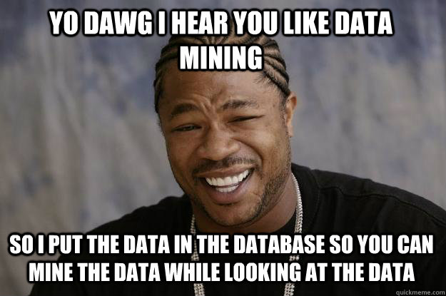 YO DAWG I HEAR YOU like data mining  so I put the data in the database so you can mine the data while looking at the data - YO DAWG I HEAR YOU like data mining  so I put the data in the database so you can mine the data while looking at the data  Xzibit meme