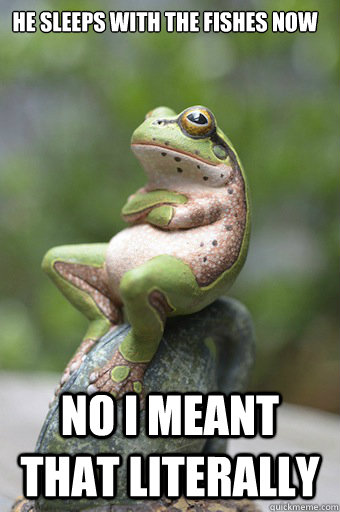 He sleeps with the fishes now no i meant that literally   Unimpressed Frog