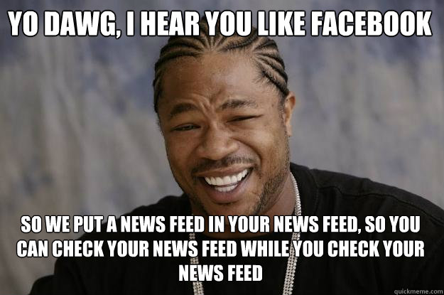 Yo dawg, i hear you like facebook so we put a news feed in your news feed, so you can check your news feed while you check your news feed  Xzibit meme