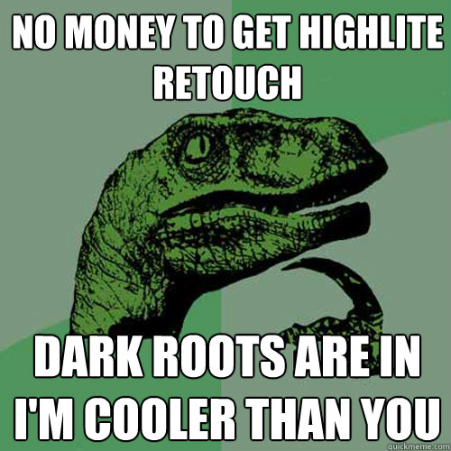 no money to get highlite retouch dark roots are in i'm cooler than you   Philosoraptor