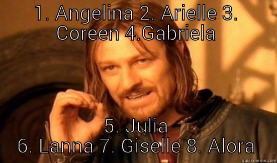 1. ANGELINA 2. ARIELLE 3. COREEN 4.GABRIELA 5. JULIA 6. LANNA 7. GISELLE 8. ALORA Boromir