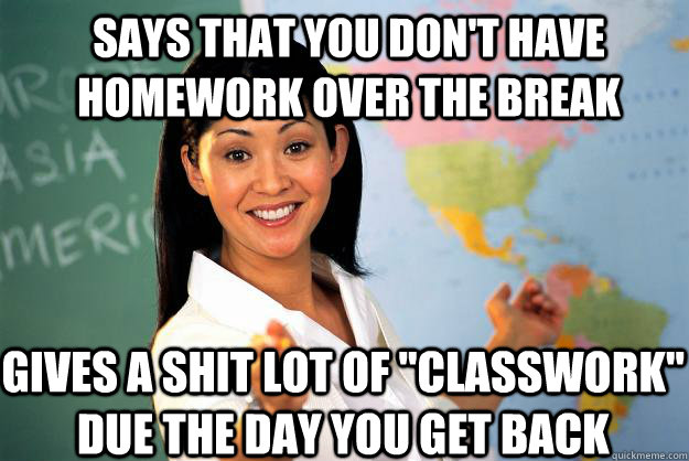 says that you don't have homework over the break gives a shit lot of 