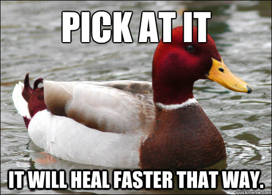 Pick at it
 It will heal faster that way.  Malicious Advice Mallard