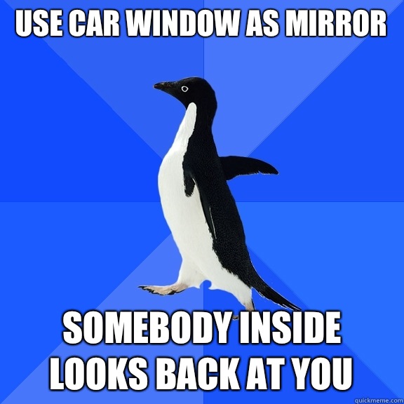 Use car window as mirror Somebody inside looks back at you  Socially Awkward Penguin