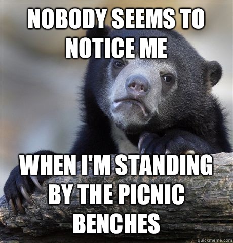 Nobody seems to notice me When I'm standing by the picnic benches  Confession Bear