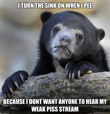 i turn the sink on when i pee because i dont want anyone to hear my weak piss stream  Confession Bear