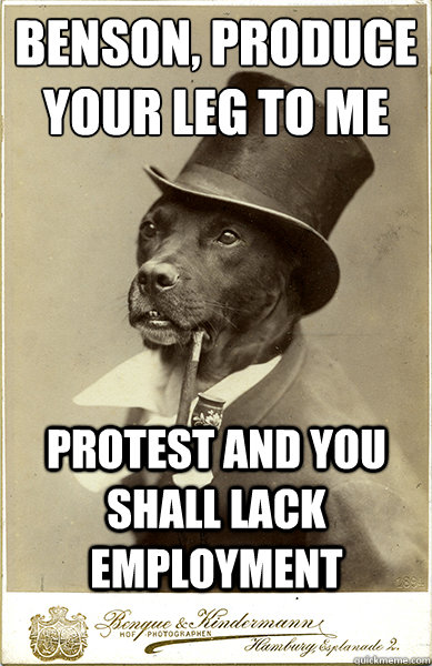 benson, produce your leg to me
 protest and you shall lack employment  Old Money Dog