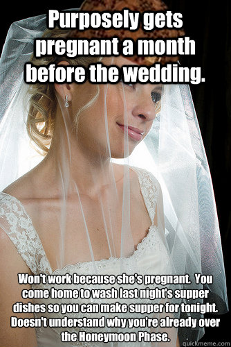 Purposely gets pregnant a month before the wedding.  Won't work because she's pregnant.  You come home to wash last night's supper dishes so you can make supper for tonight. 
Doesn't understand why you're already over the Honeymoon Phase. - Purposely gets pregnant a month before the wedding.  Won't work because she's pregnant.  You come home to wash last night's supper dishes so you can make supper for tonight. 
Doesn't understand why you're already over the Honeymoon Phase.  Misc