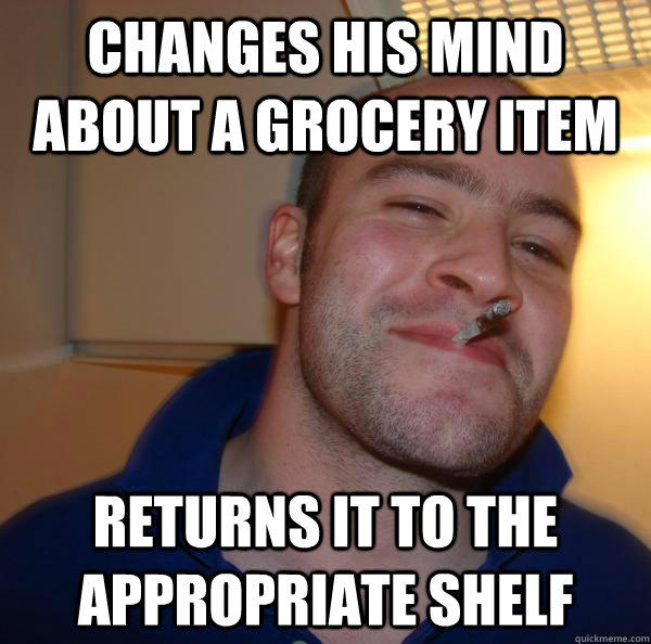 changes his mind about a grocery item returns it to the appropriate shelf  