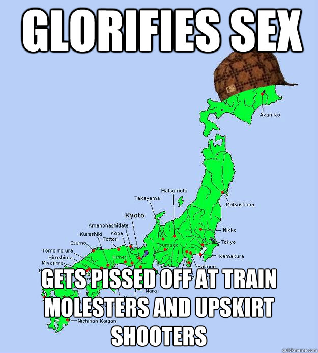 glorifies sex gets pissed off at train molesters and upskirt shooters  