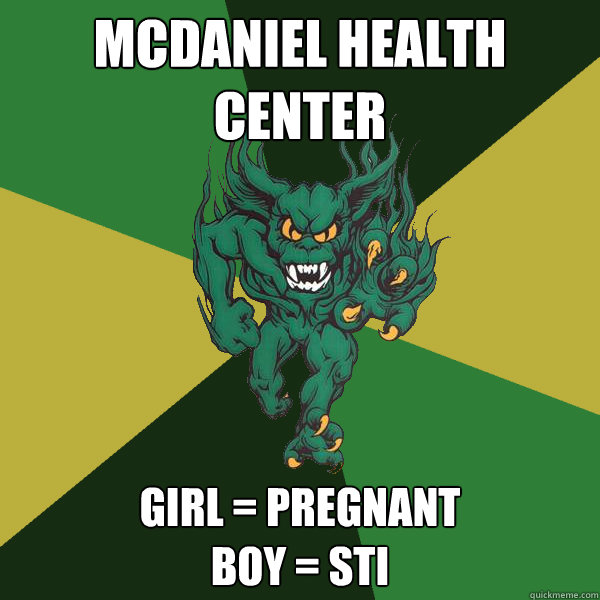 Mcdaniel Health Center Girl = Pregnant
Boy = STI  Green Terror