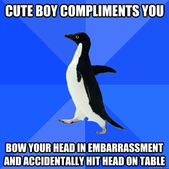 cute boy compliments you bow your head in embarrassment and accidentally hit head on table  Socially Awkward Penguin