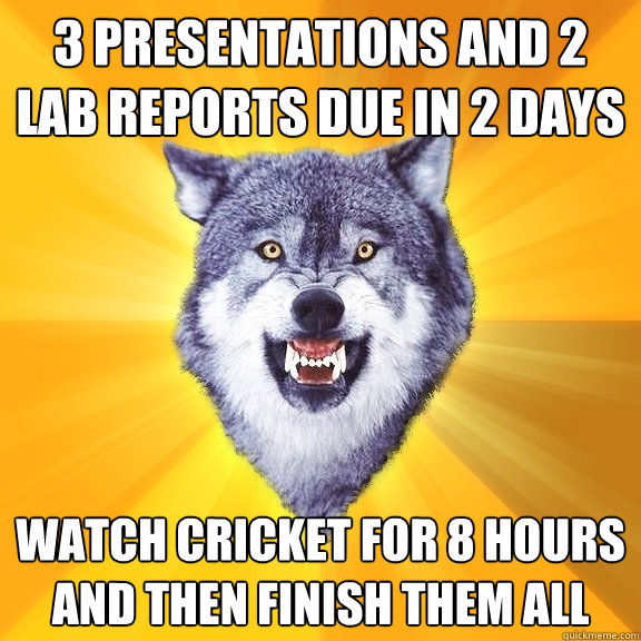 3 presentations and 2 lab reports due in 2 days watch cricket for 8 hours and then finish them all  Courage Wolf