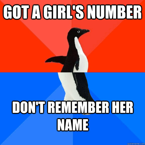 Got a Girl's Number Don't remember her name  Socially Awesome Awkward Penguin