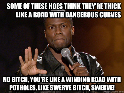 some of these hoes think they're thick like a road with dangerous curves no bitch, you're like a winding road with potholes, like swerve bitch, swerve!  Kevin Hart