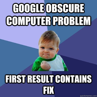 GOOGLE OBSCURE COMPUTER PROBLEM FIRST RESULT CONTAINS FIX  Success Kid