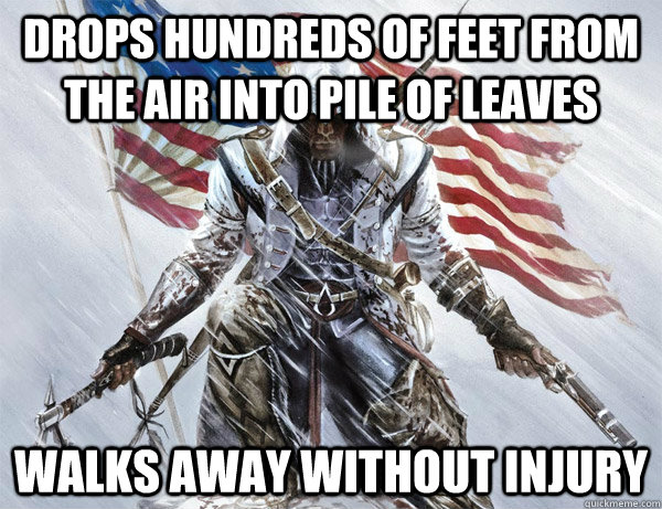 drops hundreds of feet from the air into pile of leaves walks away without injury - drops hundreds of feet from the air into pile of leaves walks away without injury  assasins creed logic
