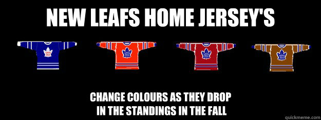 NEW LEAFS HOME JERSEY'S CHANGE COLOURS AS THEY DROP
 IN THE STANDINGS IN THE FALL  Toronto Maple Leafs