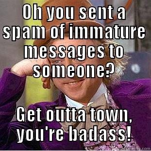 OH YOU SENT A SPAM OF IMMATURE MESSAGES TO SOMEONE? GET OUTTA TOWN, YOU'RE BADASS! Condescending Wonka