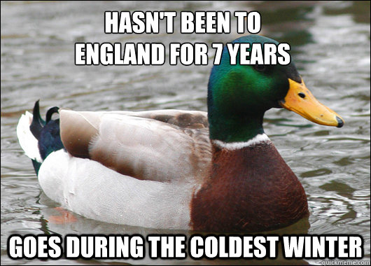 hasn't been to
england for 7 years goes during the coldest winter  Actual Advice Mallard