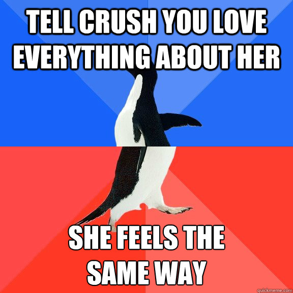 Tell crush you love everything about her She feels the 
same way  Socially Awkward Awesome Penguin