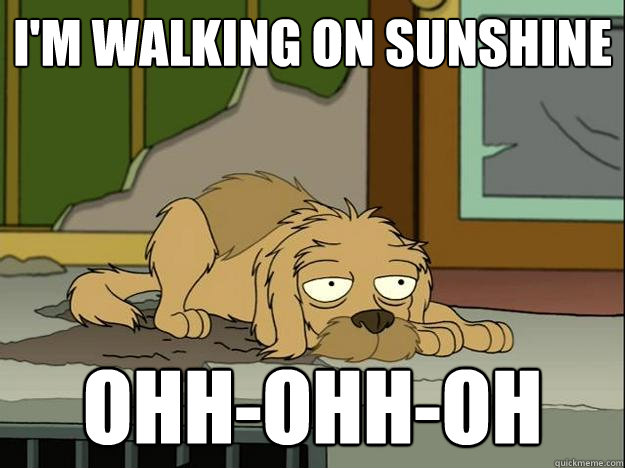 I'm walking on sunshine Ohh-ohh-oh - I'm walking on sunshine Ohh-ohh-oh  Sad Seymour