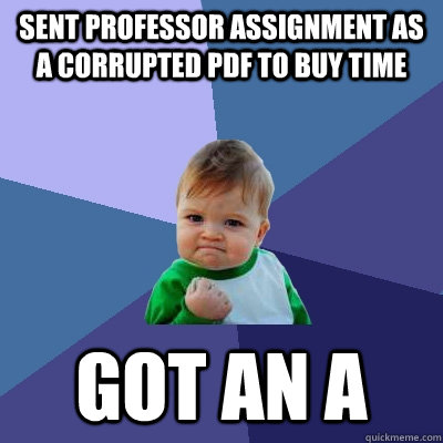 Sent professor assignment as a corrupted PDF to buy time Got an A  Success Kid