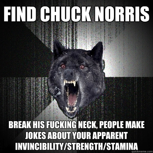 FIND CHUCK NORRIS BREAK HIS FUCKING NECK, PEOPLE MAKE JOKES ABOUT YOUR APPARENT INVINCIBILITY/STRENGTH/STAMINA  Insanity Wolf