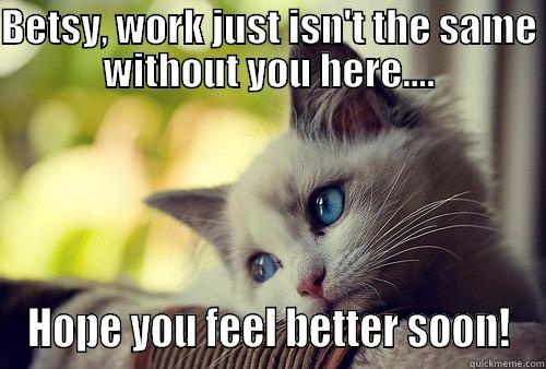 BETSY, WORK JUST ISN'T THE SAME WITHOUT YOU HERE.... HOPE YOU FEEL BETTER SOON! First World Problems Cat