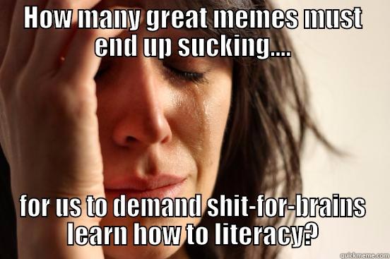 HOW MANY GREAT MEMES MUST END UP SUCKING.... FOR US TO DEMAND SHIT-FOR-BRAINS LEARN HOW TO LITERACY? First World Problems