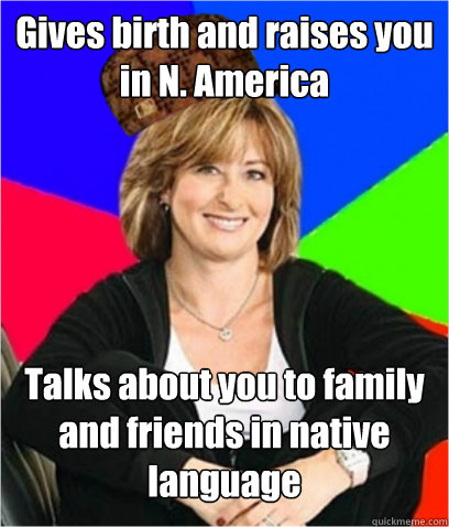 Gives birth and raises you in N. America Talks about you to family and friends in native language  Scumbag mom