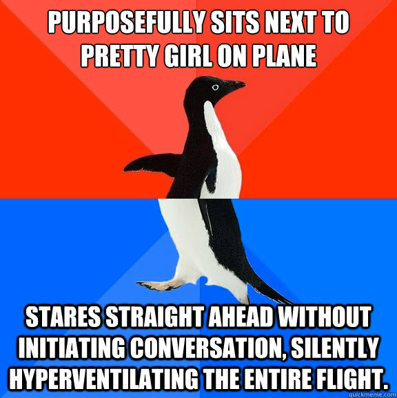 purposefully sits next to pretty girl on plane stares straight ahead without initiating conversation, silently hyperventilating the entire flight.  Socially Awesome Awkward Penguin