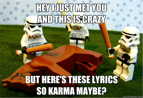 Hey I just met you 
and this is crazy But here's these lyrics
so karma maybe?  Beating dead horse