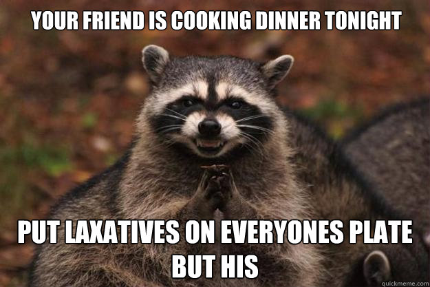your friend is cooking dinner tonight put laxatives on everyones plate but his  Evil Plotting Raccoon