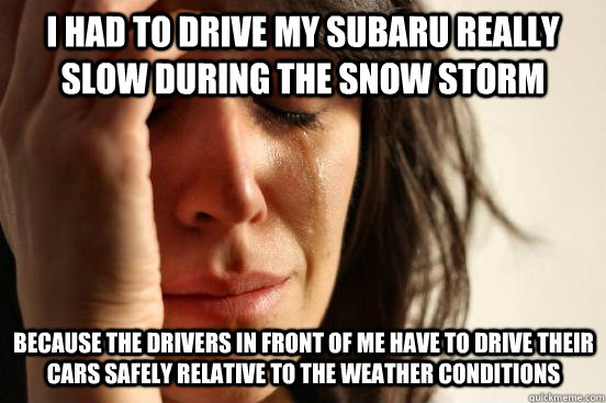 i had to drive my subaru really slow during the snow storm because the drivers in front of me have to drive their cars safely relative to the weather conditions - i had to drive my subaru really slow during the snow storm because the drivers in front of me have to drive their cars safely relative to the weather conditions  First World Problems