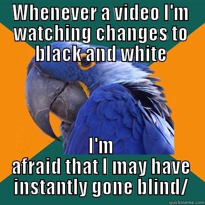 WHENEVER A VIDEO I'M WATCHING CHANGES TO BLACK AND WHITE I'M AFRAID THAT I MAY HAVE INSTANTLY GONE BLIND/ Paranoid Parrot