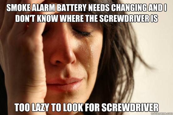 smoke alarm battery needs changing and i don't know where the screwdriver is too lazy to look for screwdriver  First World Problems