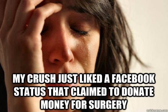  my crush just liked a Facebook status that claimed to donate money for surgery  First World Problems