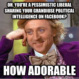OH. You're a pessimistic liberal sharing your grandiose political intelligence on facebook? How adorable  Creepy Wonka
