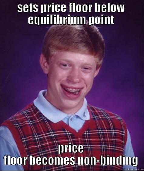 SETS PRICE FLOOR BELOW EQUILIBRIUM POINT PRICE FLOOR BECOMES NON-BINDING Bad Luck Brian