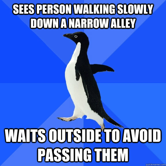 Sees person walking slowly down a narrow alley Waits outside to avoid passing them  Socially Awkward Penguin