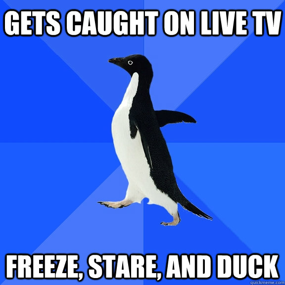 gets caught on live TV freeze, stare, and duck  Socially Awkward Penguin