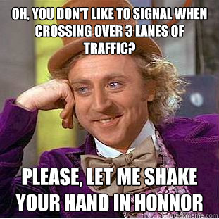 oh, you don't like to signal when crossing over 3 lanes of traffic? please, let me shake your hand in honnor  Condescending Wonka