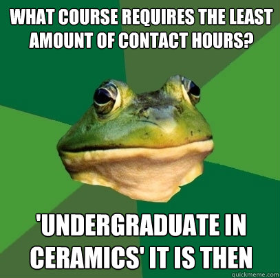 what course requires the least amount of contact hours? 'undergraduate in ceramics' it is then  Foul Bachelor Frog