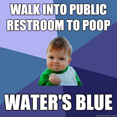 Walk into public restroom to poop  Water's blue  Success Kid