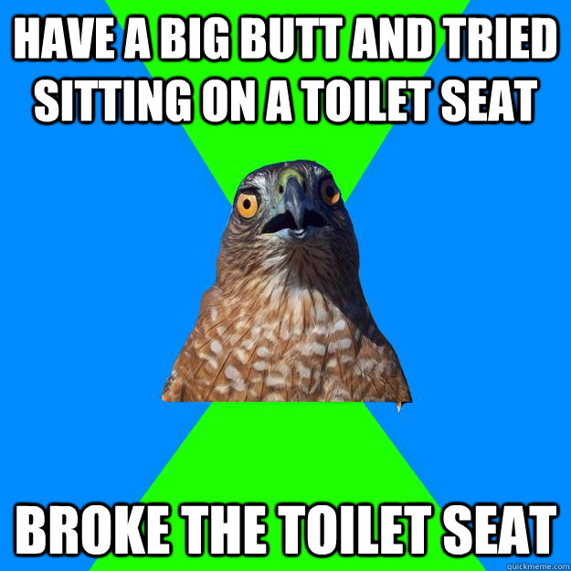 Have a big butt and tried sitting on a toilet seat broke the toilet seat  Hawkward
