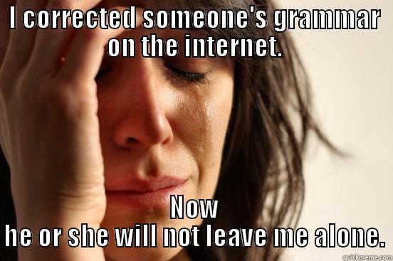 I CORRECTED SOMEONE'S GRAMMAR ON THE INTERNET. NOW HE OR SHE WILL NOT LEAVE ME ALONE. First World Problems