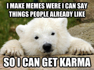 I make memes were I can say things people already like so I can get karma  Popular Opinion Polar Bear
