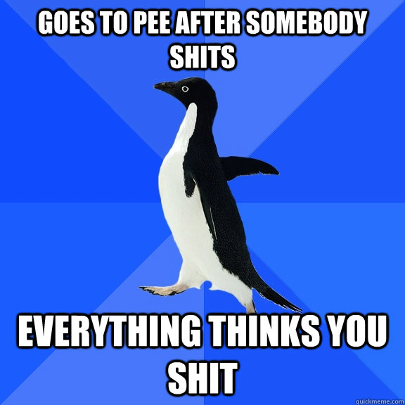 goes to pee after somebody shits everything thinks you shit  Socially Awkward Penguin